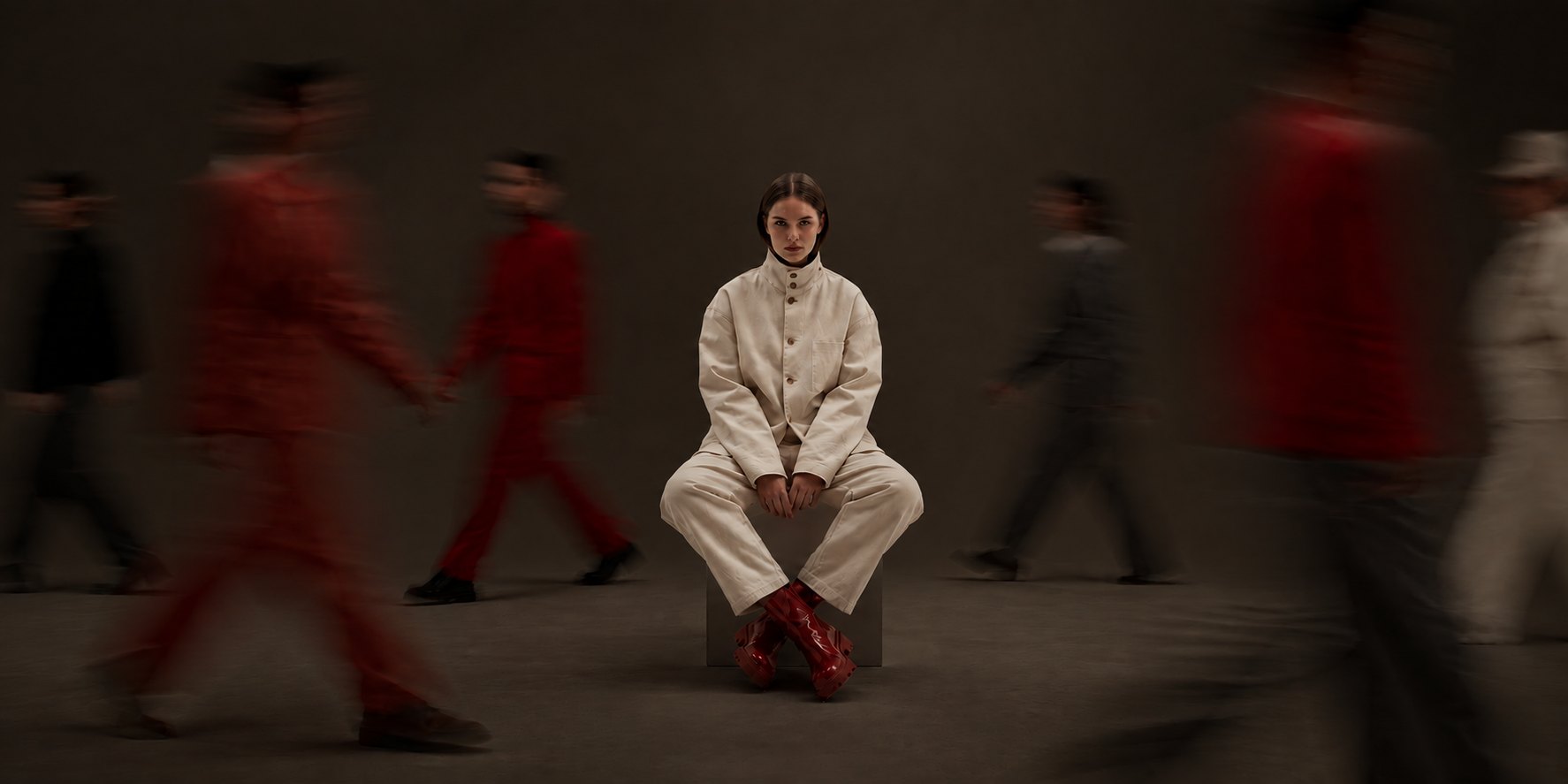 A model in an ivory workwear suit and glossy red boots sits still on a block in a dark studio while blurred figures in red and grey walk past.